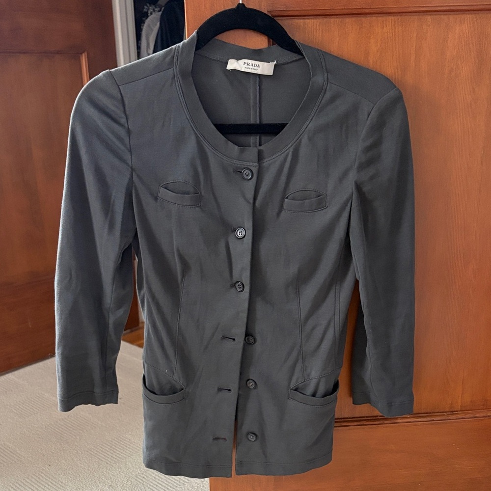 Prada Women's Gray Round-Neck Buttoned Blazer